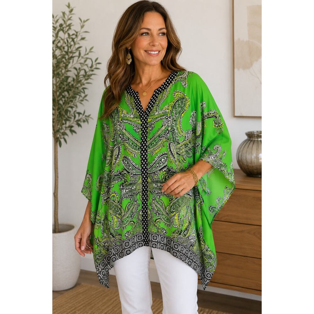 Susan Graver Liquid Knit Kaftan Tunic Paisley Boho Resort Flowy Chic Vacation